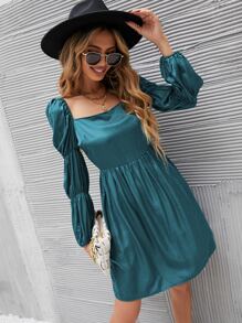 SHEIN Essnce 素色泡泡袖方領連衣裙 - 水鴨藍 - 查看 1