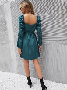 SHEIN Essnce 素色泡泡袖方領連衣裙 - 水鴨藍 - 查看 2