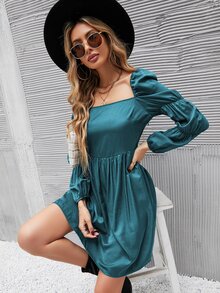 SHEIN Essnce 素色泡泡袖方領連衣裙 - 水鴨藍 - 查看 3