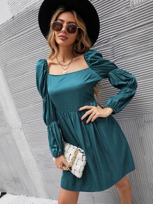 SHEIN Essnce 素色泡泡袖方領連衣裙 - 水鴨藍 - 查看 4