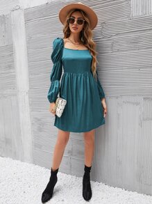 SHEIN Essnce 素色泡泡袖方領連衣裙 - 水鴨藍 - 查看 5