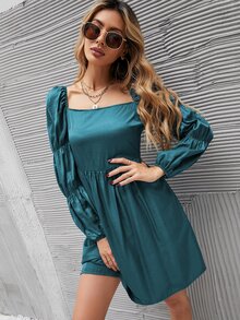 SHEIN Essnce 素色泡泡袖方領連衣裙 - 水鴨藍 - 查看 6