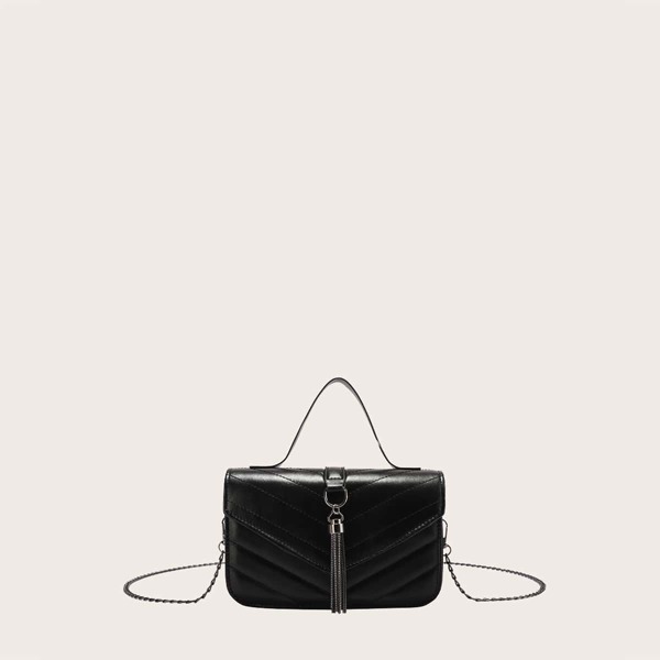 

Girls Tassel Decor Chevron Satchel Bag, Black
