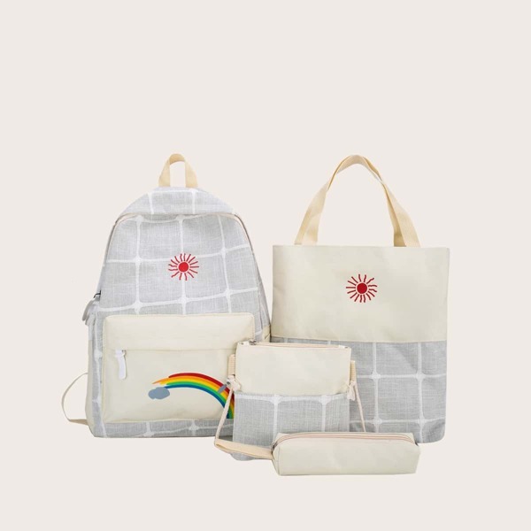 

4pcs Girls Rainbow Striped Graphic Backpack Set, Grey
