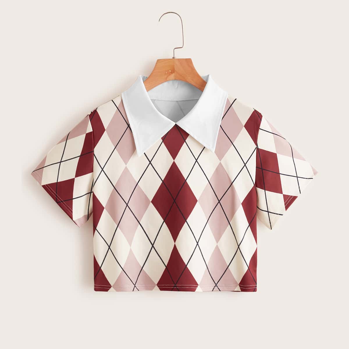 

Argyle Pattern Contrast Collar Crop Tee, Multicolor