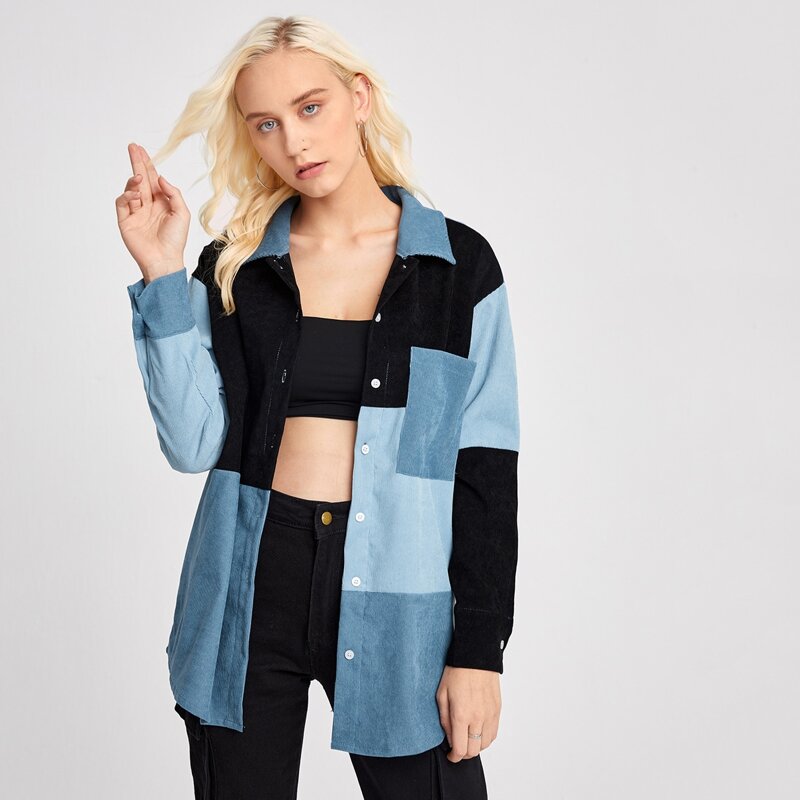 

Corduroy Colorblock Button Front Overshirt, Multicolor