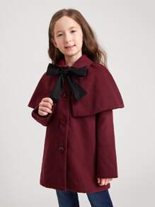 SHEIN 女孩覆蓋前蝴蝶結花呢外套 - 酒紅色 - 查看 2