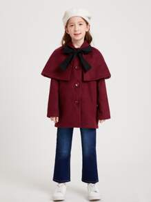 SHEIN 女孩覆蓋前蝴蝶結花呢外套 - 酒紅色 - 查看 1