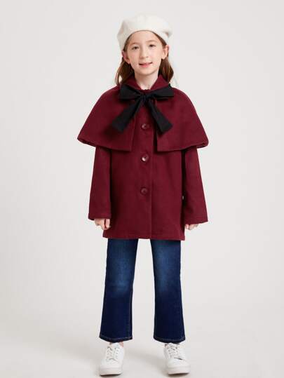 SHEIN 女孩覆蓋前蝴蝶結花呢外套