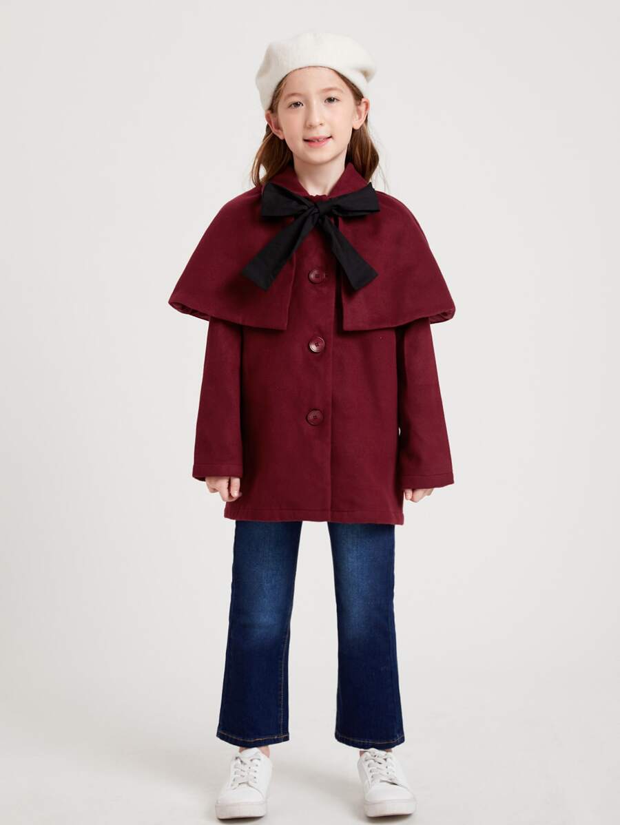 SHEIN 女孩覆蓋前蝴蝶結花呢外套 - 酒紅色 - 查看 1
