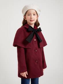 SHEIN 女孩覆蓋前蝴蝶結花呢外套 - 酒紅色 - 查看 4