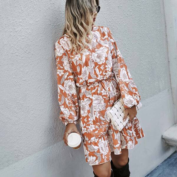 

Floral Print Ruffle Hem Bishop Sleeve Dress, Multicolor