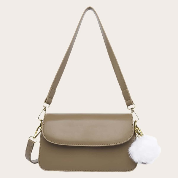 

Pom-Pom Decor Flap Square Bag, Khaki