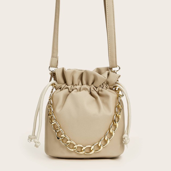 

Chain Decor Drawstring Design Bucket Bag, Khaki
