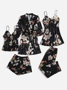 SHEIN 5pcs Floral Print Satin PJ Set, Fall Winter Clothes - Multicolor - View 4
