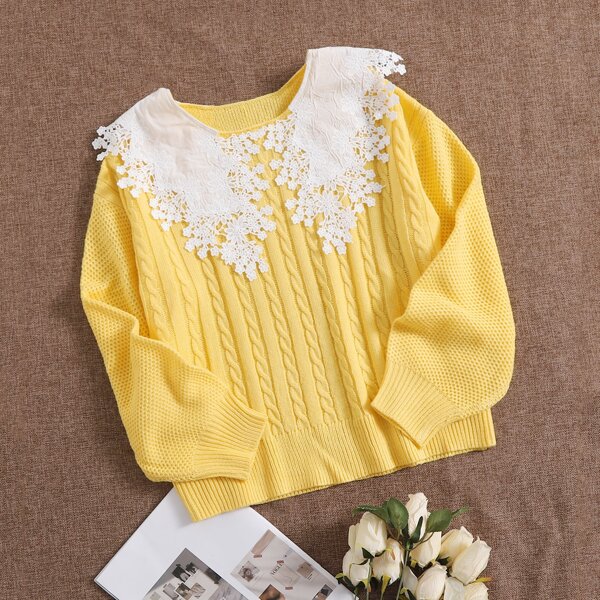 

Contrast Lace Doll Collar Sweater, Yellow
