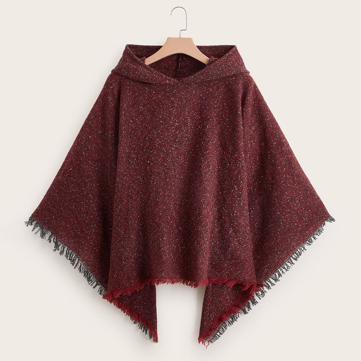 размера плюс Пончо с необработанной отделкой с капюшоном вязаный