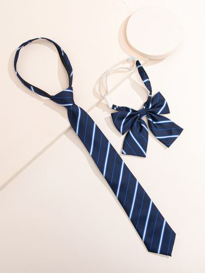 Striped Print Bow Tie & Tie Uniform Tie Preppy For Women Girls Gifts Accessories Women,Travel,Festival