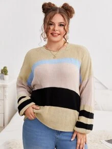 SHEIN Qutie 加大码撞色落肩针织套头衫，秋冬款 - 彩色 - 查看 4