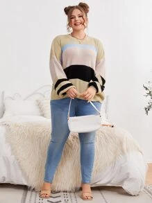 SHEIN Qutie 加大码撞色落肩针织套头衫，秋冬款 - 彩色 - 查看 5