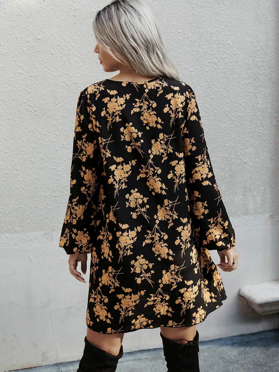 Allover Floral Print Tie Neck Bishop Sleeve Ruffle Hem Smock Dress