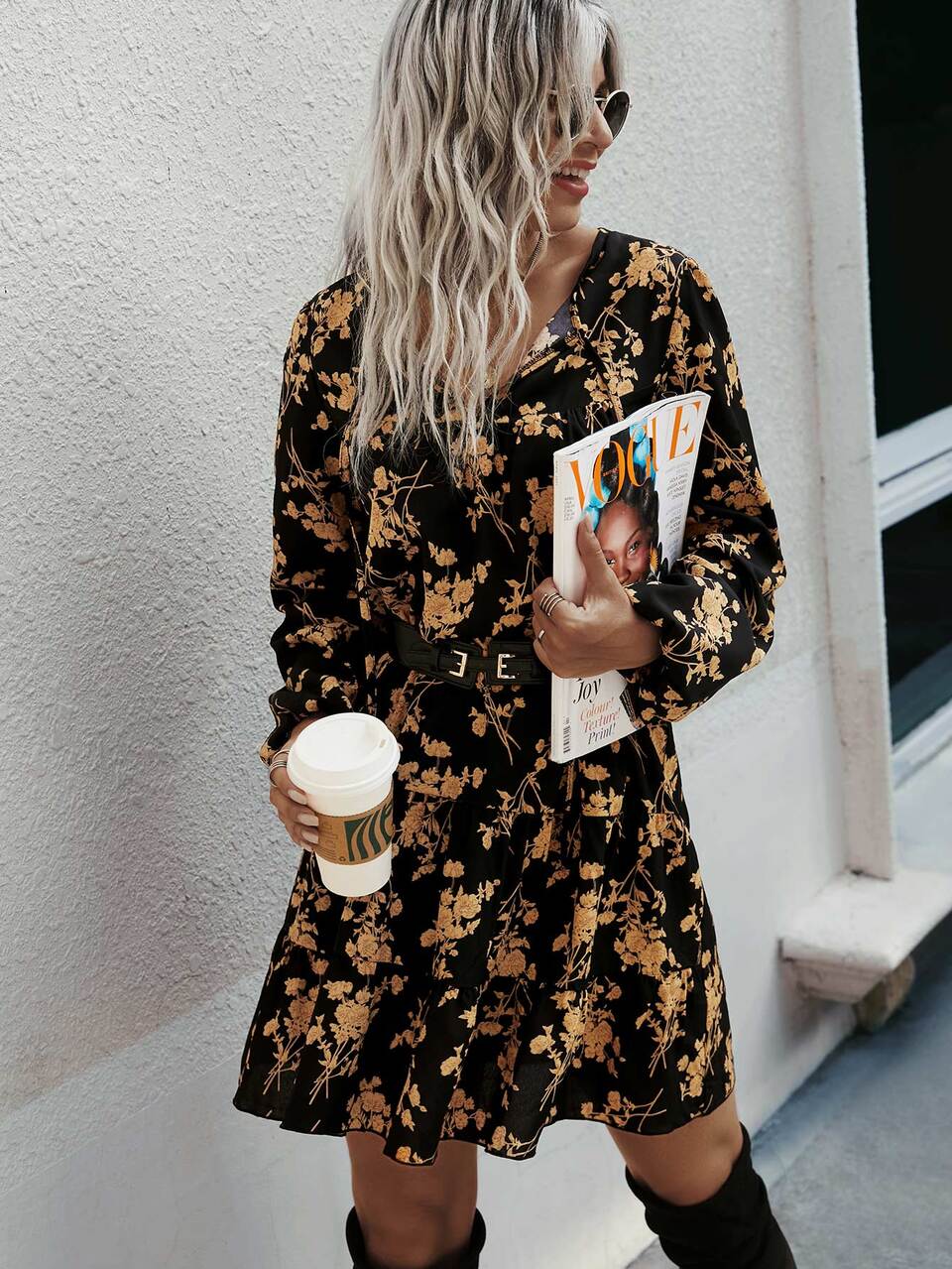Allover Floral Print Tie Neck Bishop Sleeve Ruffle Hem Smock Dress
