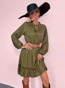 GENKIRA Đầm Viên lá sen màu trơn Boho - xanh quân đội - Xem 1