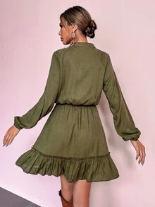 GENKIRA Đầm Viên lá sen màu trơn Boho - xanh quân đội - Xem 2