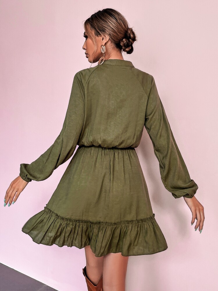 GENKIRA Đầm Viên lá sen màu trơn Boho - xanh quân đội - Xem 2