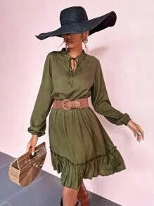 GENKIRA Đầm Viên lá sen màu trơn Boho - xanh quân đội - Xem 3