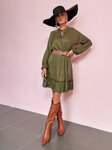 GENKIRA Đầm Viên lá sen màu trơn Boho - xanh quân đội - Xem 4