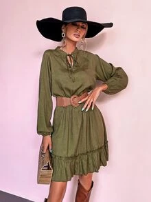 GENKIRA Đầm Viên lá sen màu trơn Boho - xanh quân đội - Xem 5