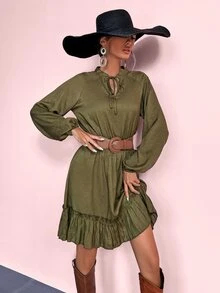 GENKIRA Đầm Viên lá sen màu trơn Boho - xanh quân đội - Xem 6