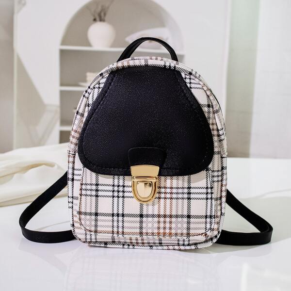 

Plaid Pattern Push Lock Backpack, Black