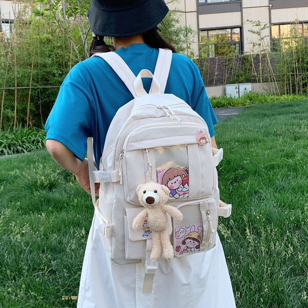 

Cartoon Graphic School Bag With Bag Charm, White