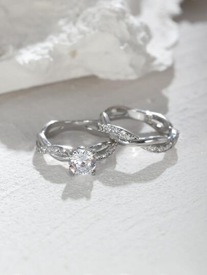 Vanel 2 قطعة خواتم زركونيا مكعبة على شكل قصر فاخر بأربعة مخالب متقاطعة ، مناسبة لحفلات الزفاف والولائم والحفلات