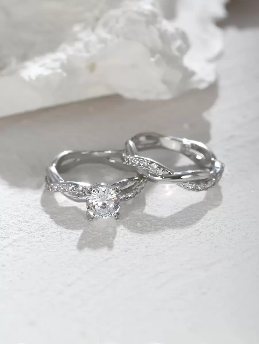 Vanel 2 قطعة خواتم زركونيا مكعبة على شكل قصر فاخر بأربعة مخالب متقاطعة ، مناسبة لحفلات الزفاف والولائم والحفلات