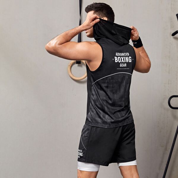 

Men Letter Graphic Sports Top & Short Set, Black