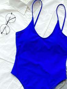 Traje de baño de una pieza liso, para vacaciones de verano en la playa - azul real - Ver 3