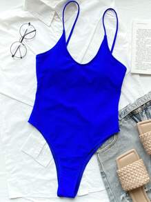 Traje de baño de una pieza liso, para vacaciones de verano en la playa - azul real - Ver 4