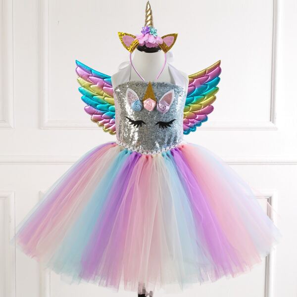 

Toddler Girls Unicorn Pattern Rainbow Tutu Party Dress & Hair Hoop & Wings, Multicolor