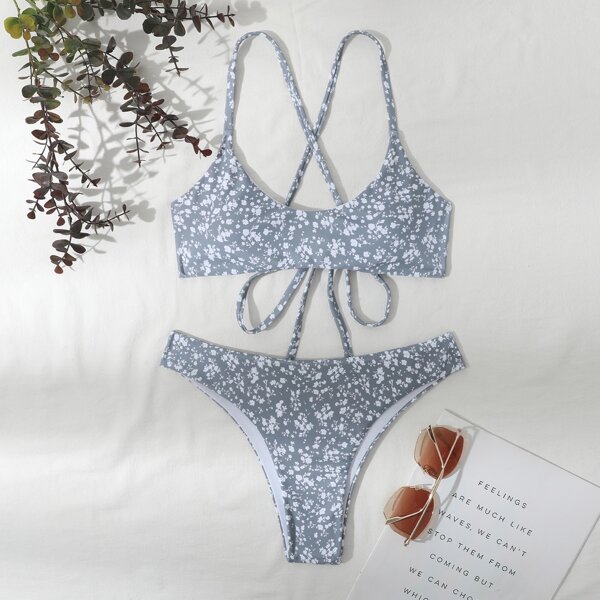 

Ditsy Floral Print Bikini Swimsuit, Grey