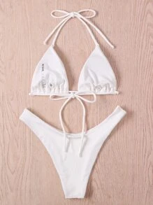 Swim Vcay 夏季沙灘純色頸掛式微三角比基尼 - 白色 - 查看 2