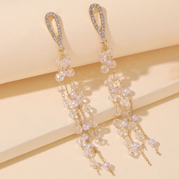 

Zircon & Tassel Decor Drop Earrings, Gold