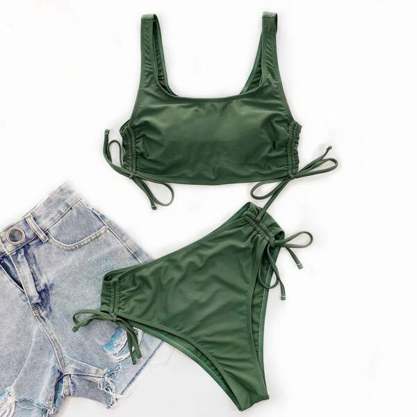 

Plain Drawstring Bikini Swimsuit, Army green
