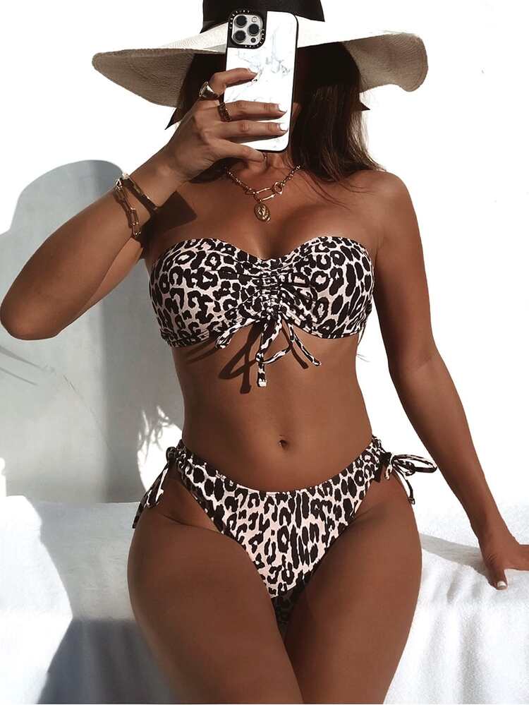 SHEIN Swim Women's 2025 Leopard Print Sexy Bandeau Bikini Set, Vacation Beach Swimwear Summer - Multicolor - View 2