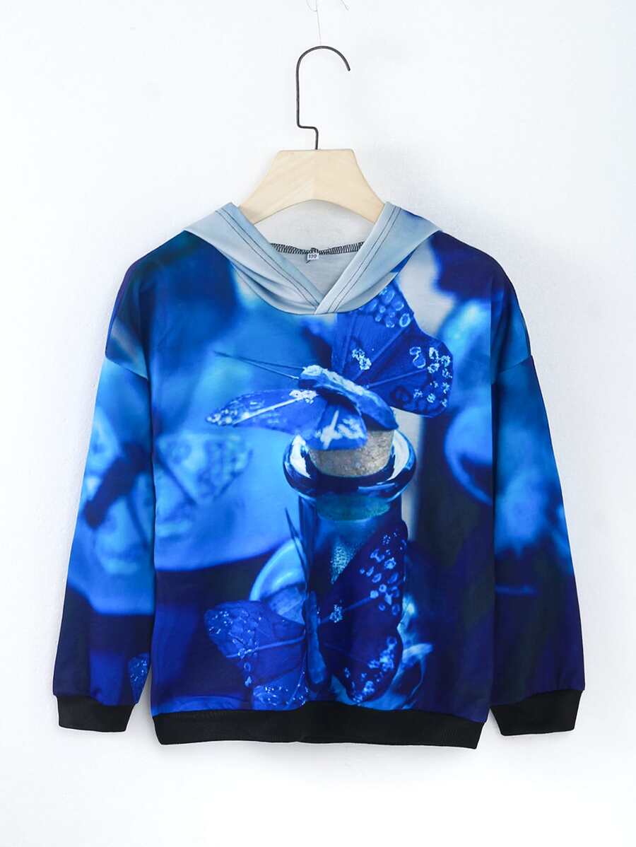 Tween Girl 3D Butterfly Print Drop Shoulder Sweatshirt - Blue - View 1