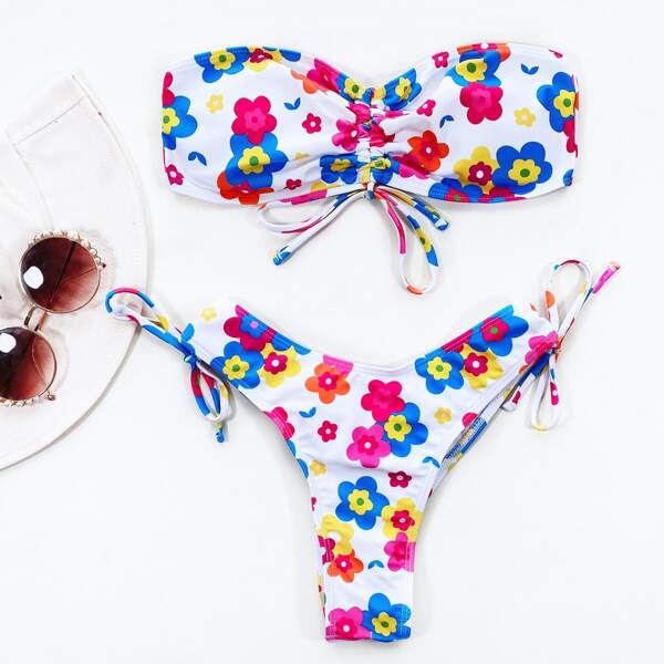 

Floral Print Drawstring Bandeau Bikini Swimsuit, Multicolor
