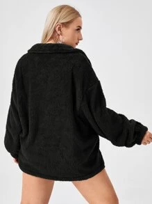 Calvaya Plus O-Ring Kangaroo Pocket Teddy Sweatshirt - Black - View 2