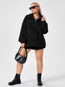 Calvaya Plus O-Ring Kangaroo Pocket Teddy Sweatshirt - Black - View 4